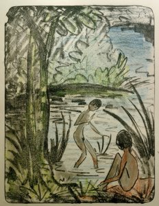 Sitzende und Badende mit Baum von Otto Mueller