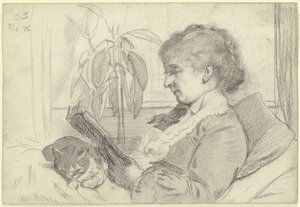 Luise Scholderer lesend mit Katze