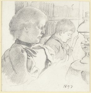 Luise Scholderer und Victor beim Lesen von Otto Scholderer