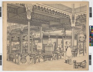 Weltausstellung in Paris, Gruppe VI: Ingenieur- und Eisenbahnwesen am Champ de Mars, Perspektive von Otto Wagner