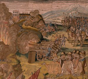 Flämischer Wandteppich. Serie Triumphe und Schlachten von Erzherzog Albrecht. Nachtangriff auf Ardres oder Eroberung der Unterstadt von Ardres. Dritter Wandteppich der Serie. Modell Otto van Veen und Hans I Snell von Otto van Veen