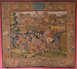 Flämischer Wandteppich. Serie Triumphe und Schlachten des Erzherzogs Albrecht. Nachtangriff auf Ardres oder Eroberung der Unterstadt von Ardres (Asalto nocturno de Ardrés o Toma de la baja villa de Ardrés). Dritter Wandteppich der Serie. Modell Otto van Ve von Otto van Veen