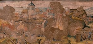 Flemischer Wandteppich. Serie Triumphe und Schlachten des Erzherzogs Albrecht. Nachtangriff auf Ardres oder Eroberung der Unterstadt von Ardres. Dritter Wandteppich in der Serie. Modell Otto van Veen und Hans I Snellinck.