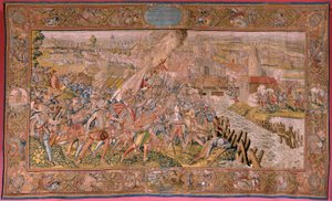 Flämischer Wandteppich. Serie Triumphe und Schlachten von Erzherzog Albrecht. Überraschung bei Calais (La sorpresa de Calais). Erster Wandteppich in der Serie. Modell Otto van Veen und Hans I Snellinck. Herstellung Martin Reynbouts, Brüssel. 1597-1599. Sto von Otto van Veen