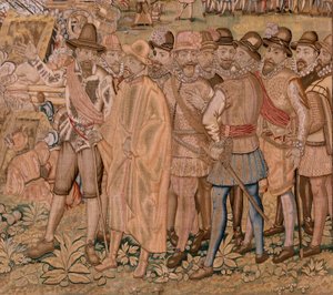 Flämischer Wandteppich. Serie Triumphe und Schlachten von Erzherzog Albrecht. Die Eroberung der Stadt Hulst. Siebter Wandteppich der Serie. Modell Otto van Veen und Hans I Snellinck. Herstellung Martin Reynbouts, Brüssel von Otto van Veen