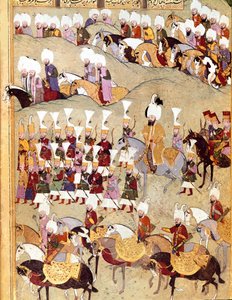 Osmanisches Reich: „Darstellung des osmanischen Sultans Murad II (Murat) (1404-1451) und seiner Armee während der Invasion Persiens“ Manuskript Miniatur ms. FY 1404 „Sehinsahname“ von Ottoman School
