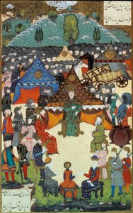Osmanisches Reich: Darstellung von Sultan Suleiman I., genannt der Prächtige (1520-1566) an seinem Hof. Miniatur aus 