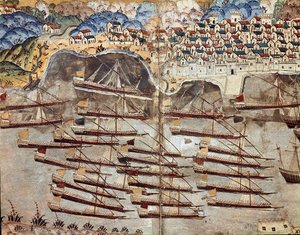Osmanisches Reich: Darstellung der Flotte von Barbarossa vor der Stadt Nizza von Ottoman School