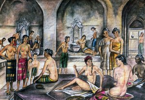 Türkisches Bad, Aquarell, osmanische Zivilisation von Ottoman School