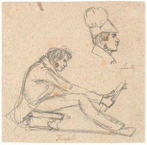 H.E. Freund sitzt auf einem Schemel und betrachtet eine Zeichnung. Oben rechts Profilporträt von J. Th. Lundbye. von P.C. Skovgaard