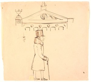 Karikatur eines pelzbekleideten Herrn vor dem Casino von P.C. Skovgaard