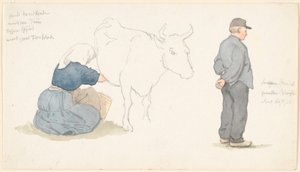 Studienblatt mit Mädchen, das eine Kuh melkt, rechts stehender Bauer von P.C. Skovgaard