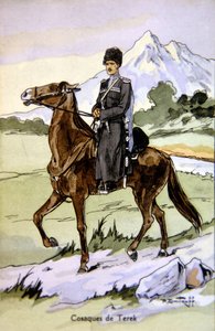 Postkarte, die einen Terek-Kosaken zeigt, ca. 1914