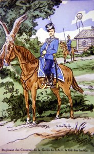 Postkarte, die einen Reiter des Regiments des Cosaques de la Garde de S.A.I darstellt