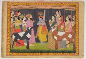 Krishna hebt den Berg Govardhana, aus dem Bhagavata Purana, Kulu, Himachal Pradesh, 1749