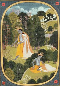 Radha und Krishna spazieren in einem Hain, Kangra, Himachal Pradesh, 1820-25 von Pahari School
