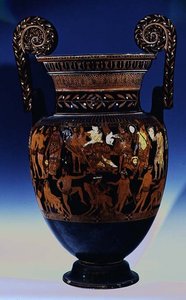 Attische rotfigurige Volutenkrater, dekoriert mit einer Szene von Schauspielern und Musikern, die sich auf eine Aufführung vor Bacchus und Ariadne vorbereiten, Griechisch, aus Ruvo, 5. Jahrhundert v. Chr.