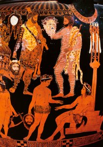 Rotfiguriger Volutenkrater mit einem Schauspieler, der seine Maske hält, aus Ruvo, ca. 410 v. Chr.