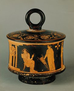 Häusliche Szene, zwei Frauen im Frauengemach, eine spinnt, die andere hält einen kleinen Handwebstuhl von Painter of the Louvre Centauromach