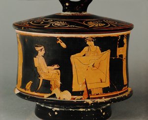 Häusliche Szene, eine Frau zeigt der anderen ein Stück Stoff von Painter of the Louvre Centauromach