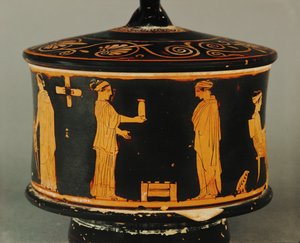 Häusliche Szene, zwei Frauen, eine bietet der anderen einen Krug an von Painter of the Louvre Centauromach