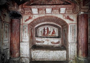 Frühchristliche Kunst: „Herkules (Alcide) bringt Alceste aus der Unterwelt zurück zu ihrem Ehemann Admete“ Fresko aus dem 4. Jahrhundert nach Christus. Rom, Katakomben di Via Latina - Frühchristliche Kunst. Herkules bringt Alcestis aus dem Hades zurück zu  von Paleo Christian