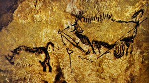 Verwundeter Bison, verwundeter Mann und Wollnashorn, Lascaux (Höhlenmalerei)