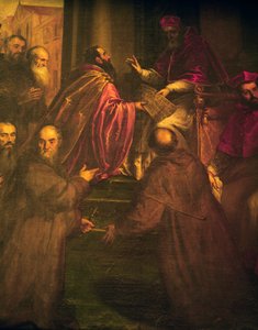 Paul IV. überreicht das päpstliche Schreiben zur Gründung des Ordens der Kreuzträger (Crociferi)