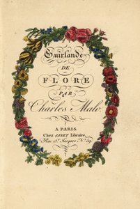 Kalligrafische Titelseite innerhalb eines Blumenkranzes aus Rosen, Tulpen und anderen Blumen