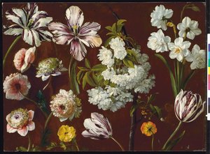Lila Tulpen, weiße blühende Prunus, Narzissen und rosa Chrysantheme von Pancrace Bessa