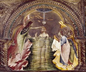Die Taufe Jesu, Detail des Polyptychons von Santa Chiara (circa 1350)