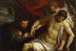 Der tote Christus, von einem Engel gestützt und von einem Franziskaner verehrt von Paolo Veronese