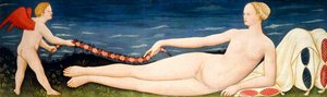 Venus auf Kissen, die einen Blumenkranz mit einem Putto hält