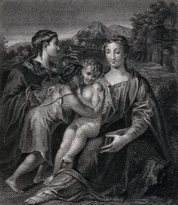 Die heilige Maria (die selige Jungfrau) mit dem Christuskind, dem heiligen Johannes dem Täufer und der heiligen Maria Magdalena. Kupferstich nach G. F. M. Mazzola, il Parmigianino. von Parmigianino