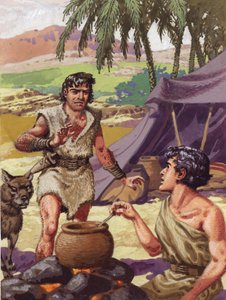 Esau bittet seinen Bruder Jakob um Essen