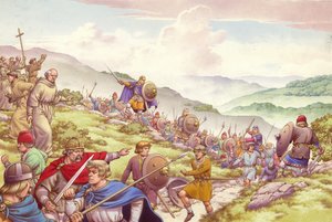 König Aethelfrith schickt Soldaten, um zwölfhundert Mönche zu töten