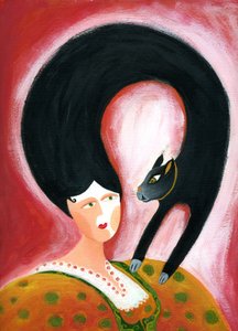 Strega del Tchesal (Chiesale): Hexe, die sich in eine Katze verwandelt, um Männer auszuspionieren. Illustration von Patrizia La Porta.