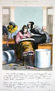 Arbeiter in einem Hutmacherbetrieb schreibt einen Brief, ca. 1840 (Farblithografie)