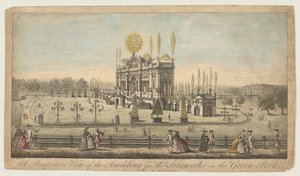 Eine perspektivische Ansicht des Gebäudes für das Feuerwerk im Green Park, London