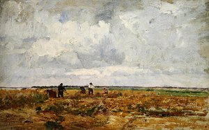 Eine Dachauer Landschaft mit Bauern und Frauen bei der Feldarbeit von Paul Baum