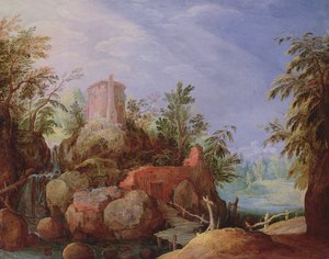 Fantastische Landschaft mit Wasserfall und Brücke