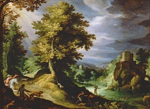 Landschaft mit einer Hirschjagd, 1591 von Paul Bril