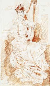 Madame Helleu sitzt bei einer Harfe