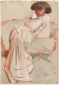 Frau, möglicherweise Madame Alice Hellu, betrachtet eine Zeichnung, um 1895