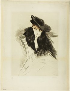 Frau sitzt nach vorne gebeugt, Kinn in der linken Hand von Paul Cesar Helleu