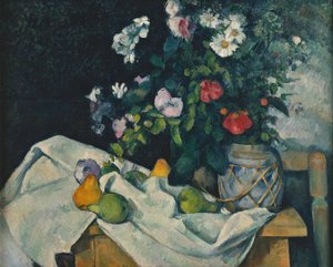 Blumen in einem Ingwertopf und Früchte von Paul Cézanne