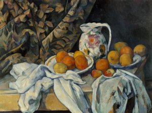 Stillleben mit Vorhang und blumengeschmücktem Krug von Paul Cézanne
