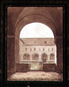 Ansicht eines Kreuzgangs mit einem Brunnen von Paul Emile Detouche