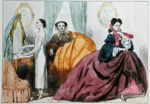 Karikatur, die die Mode des Reifrocks satirisch darstellt, um 1860