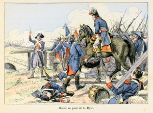 Hoche an der Brücke von Dyle: Im März 1793 deckte Lazare Hoche den Rückzug beim Übergang der Dyle vor Leuven (Belgien) gegen die Österreicher - Illustration von Emile Boutigny in „Hoche-Marceau-Desaix“ von Theodore Cahu von Paul Émile Boutigny